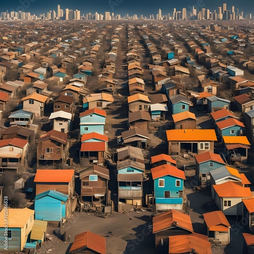 An AI image starkly depicts poverty amid dilapidated shanties and wealth within opulent skyscrapers. It portrays disparities in living conditions, opportunities, and lifestyles, underscoring societal  photo