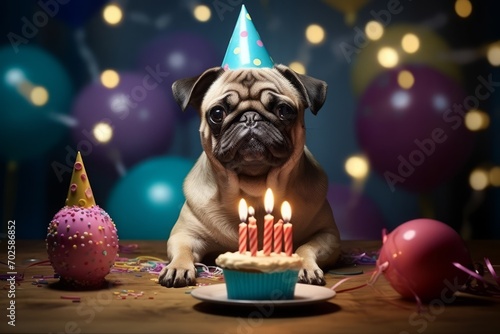 A pug dog in a hat celebrates a birthday. festive background and cake with candles. atmosphere of the holiday.