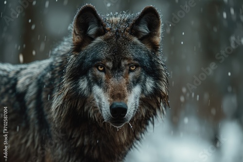 closeup portrait of a grey wolf in the rain © Salander Studio