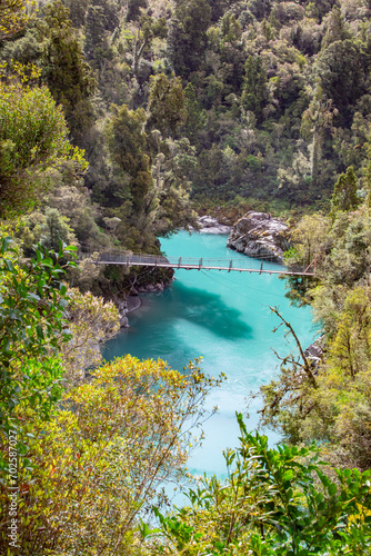 the view of lower birdge in Hokitika Gorge  a major tourist destination some 33 km or 40 minutes drive inland from Hokitika  New Zealand With stunning blue waters and spectacular rock formations.