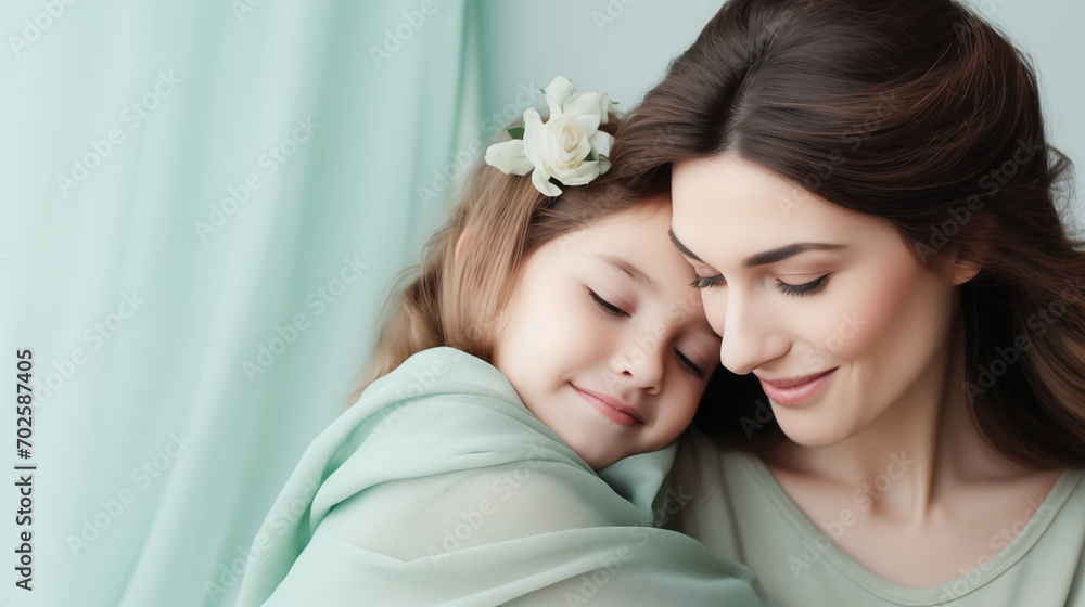 A tender close up photo of a mother and her daughter embracing. Concept of  Mother's Day, parenting, motherhood and maternity - obrazy, fototapety, plakaty 
