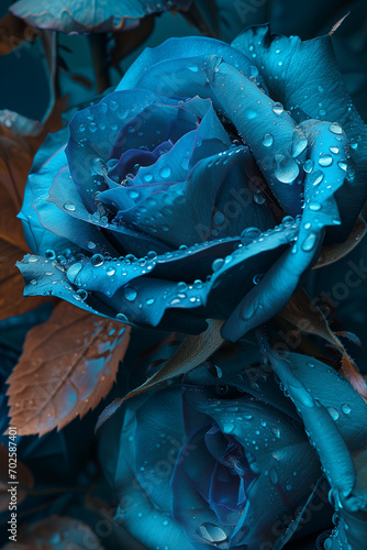 a blue rose with black background on a stem