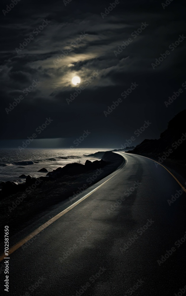 Desolate Beachside Road at Night