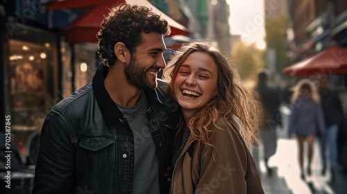 Young couple in love having fun in the city. lovely couple. image of fall in love man and woman in city. High quality photo.