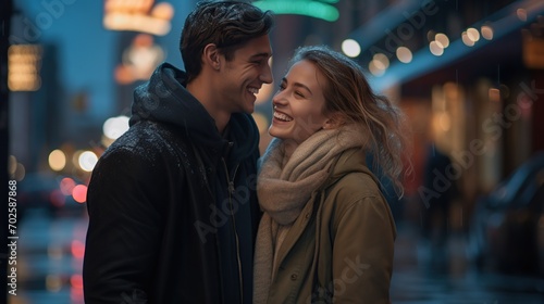 Young couple in love having fun in the city. lovely couple. image of fall in love man and woman in city. High quality photo.