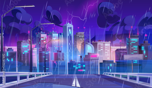 Road leads to futuristic night city with multistorey buildings and signboards with neon lights under rain with lightning. Cartoon vector rainy cityscape of future cyber high technology downtown.
