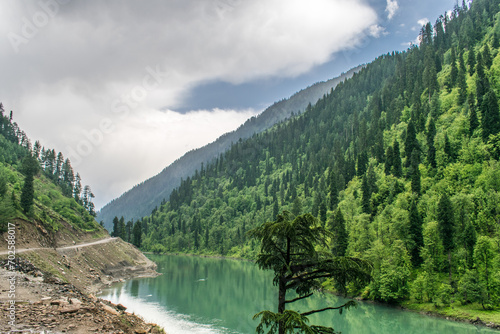 Teal colored River Neelum with beautiful forest of different shades of green trees on its banks