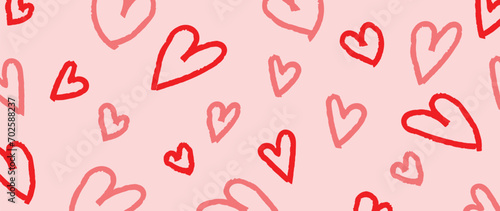 Happy Valentines day pink background vector. Romantic symbol drawing of pink and red doodle hearts in seamless pattern. Love illustration for greeting card, web banner, fabric, package, cover.