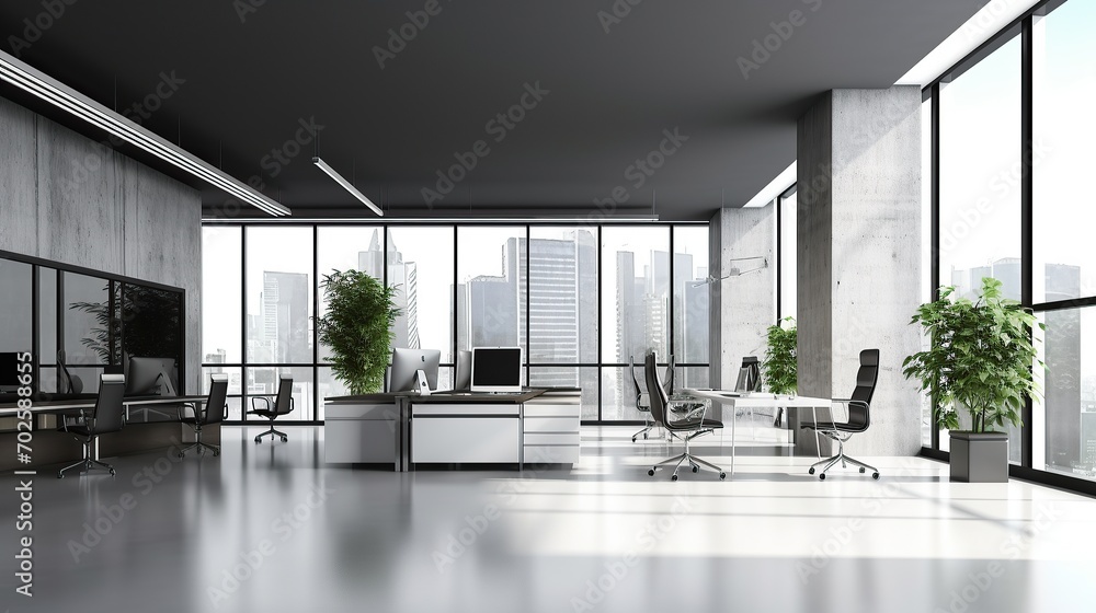 Fototapeta premium Contemporary office interior, bright with windows and city views. armchair, workplace and equipment.minimalist design