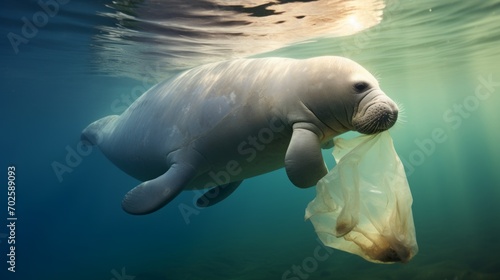 Environmental problems from plastic pollution Dugongs can eat plastic bags, mistaking them for sea grass, causing the dugong to die and be on the verge of extinction. © ND STOCK