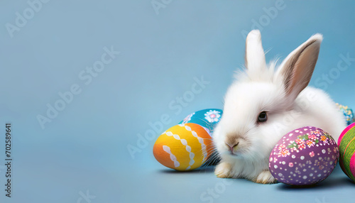 lapin blanc de pâques avec œuf peint décoré coloré sur fond bleu avec espace de copie. Concept de vacances de Pâques et chasse aux oeufs en chocolat photo