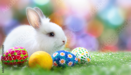 lapin de pâques blanc avec œuf en chocolat peint sur herbe et fond coloré avec espace de copie. Concept de fête et vacances de Pâques et chasse aux œufs en chocolat © -Y4NN-