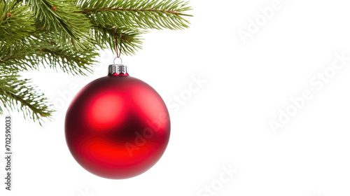 Single Red Christmas glass ball hanging isolated on transparent and white background.PNG image.