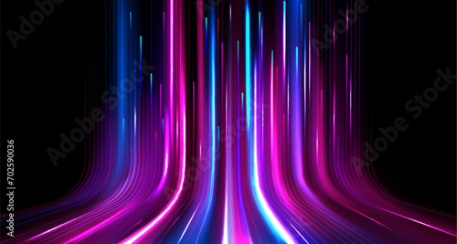 Neon light speed effect. Vector realistic illustration of blue, pink, white lines moving upward on black background, modern data transmission technology, fiber optic network, wireless communication