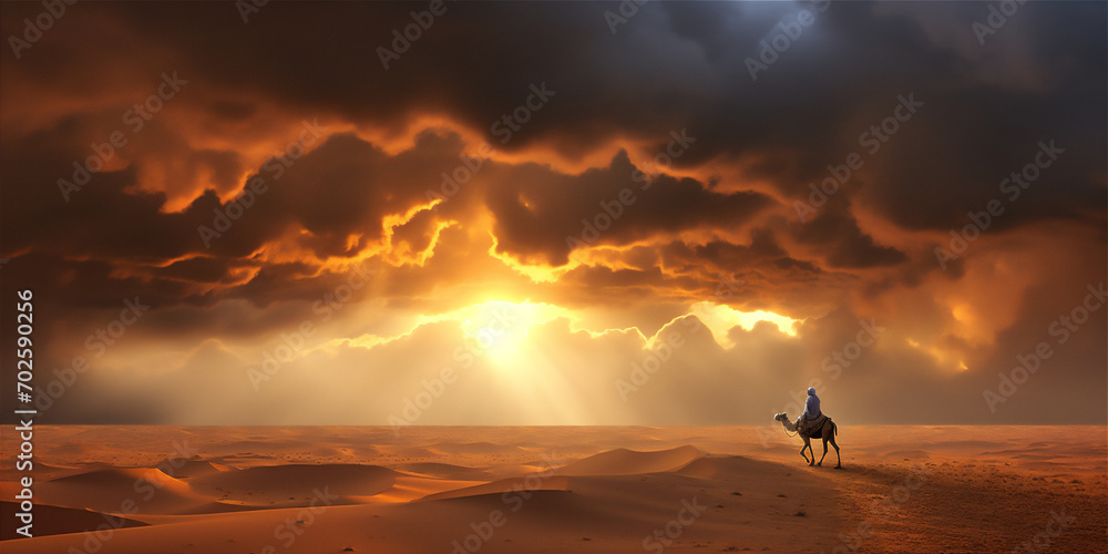 camel in the desert at sunset with dramatic clouds