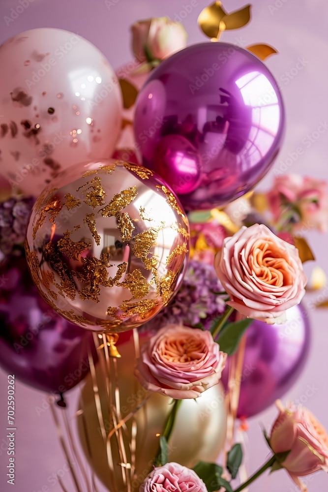 Rose gold and gold foil balloons with roses on a pastel pink and purple background, festive holiday greeting Rose gold and gold foil balloons with roses on a pastel pink and purple background, festive holiday greeting