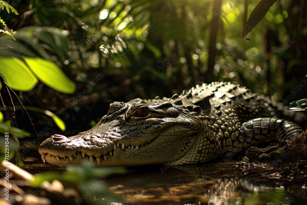 A crocodile basking in the warm sunlight along the banks of a tropical river