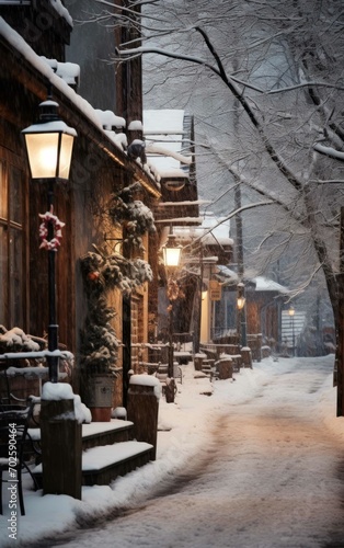 Image of a vacant street in the midst of a gentle snowfall in a small mountain town