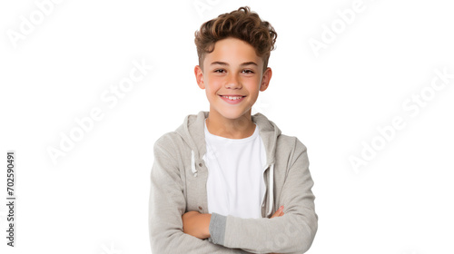 Happy young caucasian boy in casual outfit with arms crossed isolated on transparent and white background.PNG image. photo