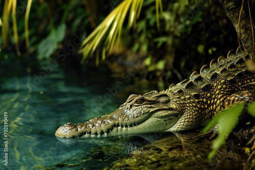 A crocodile basking in the warm sunlight along the banks of a tropical river © Venka
