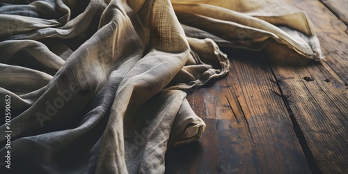 Fabric silk cotton cloth discarded on a wooden floor decorated background - generative ai