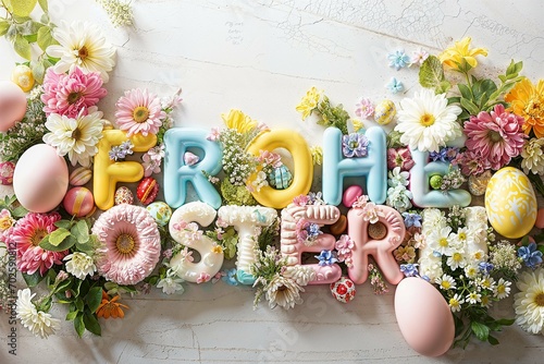 Bunte Osterdekoration mit Blumen und Eiern, Text "FROHE OSTERN"