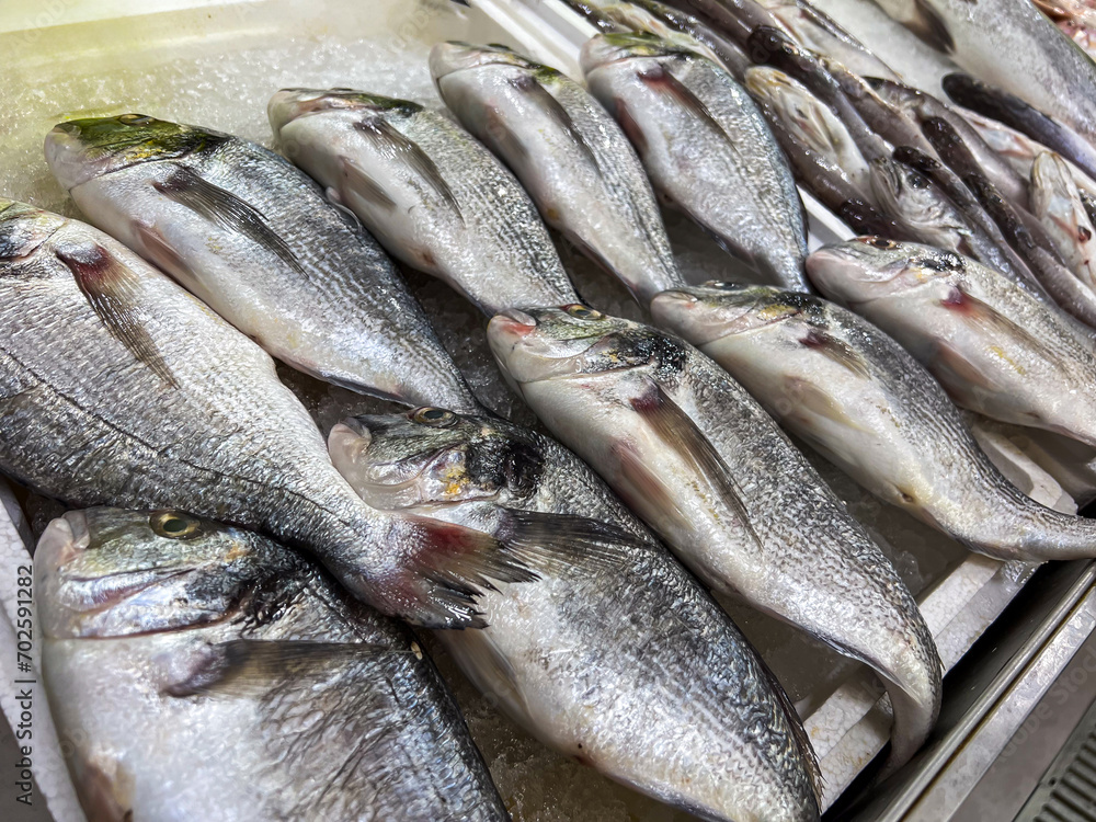 Top view of raw sea bream fish on ice on display at seafood fish market Top view of raw sea bream fish on ice on display at seafood fish market