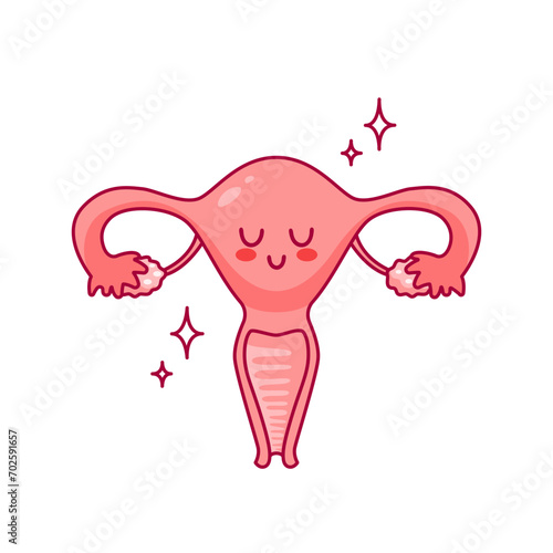 Uterus. Cute cartoon character in kawaii style. Healthy organ, menstruation. Women Health. Female reproductive system, cycle. anatomy, cervix, ovaries, fallopian tubes. Vector illustration, flat style