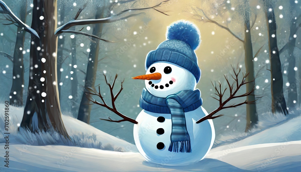 Whimsical Winter Wonderland: Adorable Snowman in a Cozy Blue Ensemble