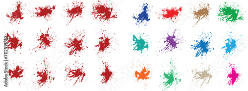 Abstract splatter paint ink orange, black, red, green, wheat, purple color grunge brush stroke vector collection