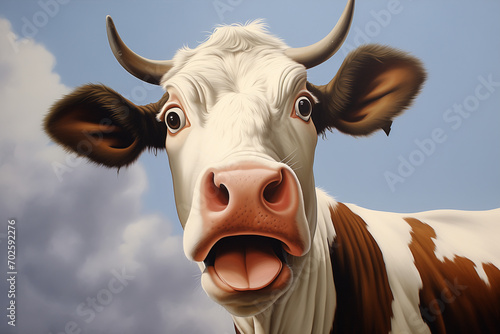 Shocked cow expression, close up shot of cow face. Surprised or amazed expression advertising concept.