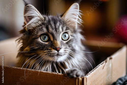 Close-up of a cute, fluffy tabby cat peeking out from inside a cardboard box at home.