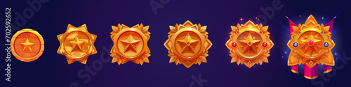 Red round shape badge with star, golden frame, gemstones and crown decorations for game level rank progress ui design. Cartoon vector set of evolution stages of royal trophy medal or emblem.