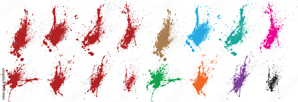 Splatter texture scary paint green, red, black, orange, purple, wheat color splashes vector illustration background set