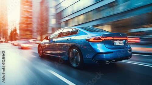 Blue sedan car speeding on the street  motion blurred background.