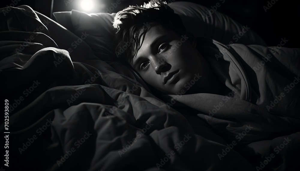 Restless insomniac in bed, struggling to sleep with signs of restlessness and insomnia Restless insomniac in bed, struggling to sleep with signs of restlessness and insomnia