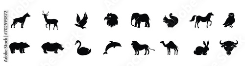 Wild animals black silhouettes set with lion elephant swan squirrel and camel vector isolated illustration  © FK