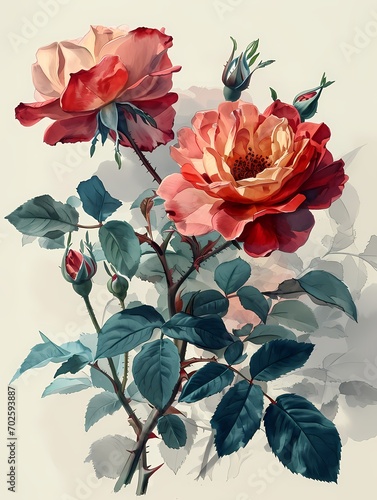 red tea rose with green drawing in watercolor style photo