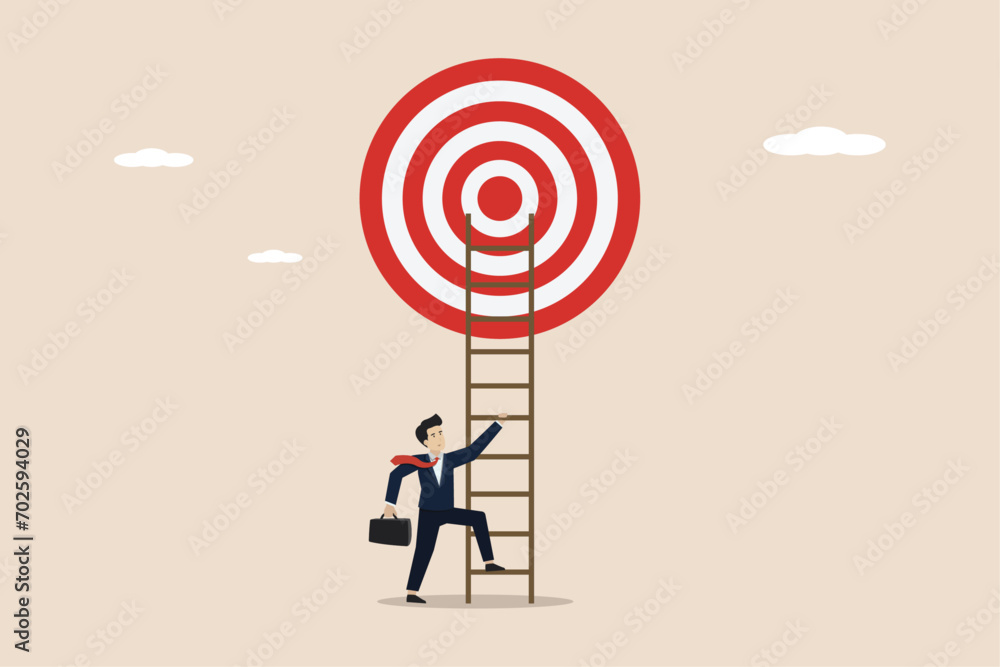 Ladder to reach goal, challenge to find success, business objective or purpose concept, smart businessman climb up ladder high into cloud sky to reach goal dartboard. Ladder to reach goal, challenge to find success, business objective or purpose concept, smart businessman climb up ladder high into cloud sky to reach goal dartboard.