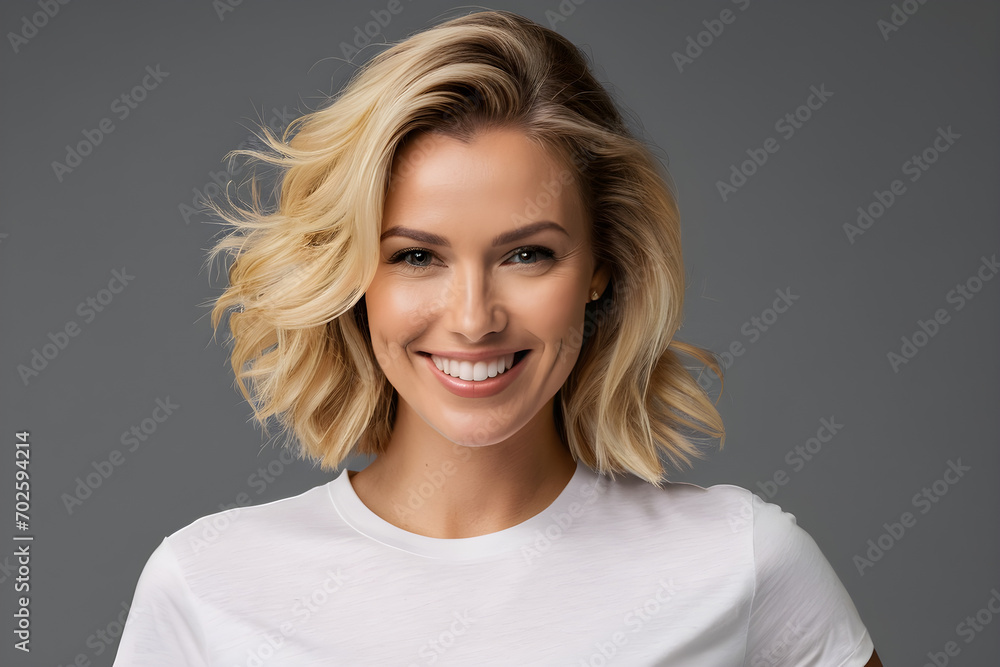A woman with a big smile, a simple background. Generative AI A woman with a big smile, a simple background. Generative AI