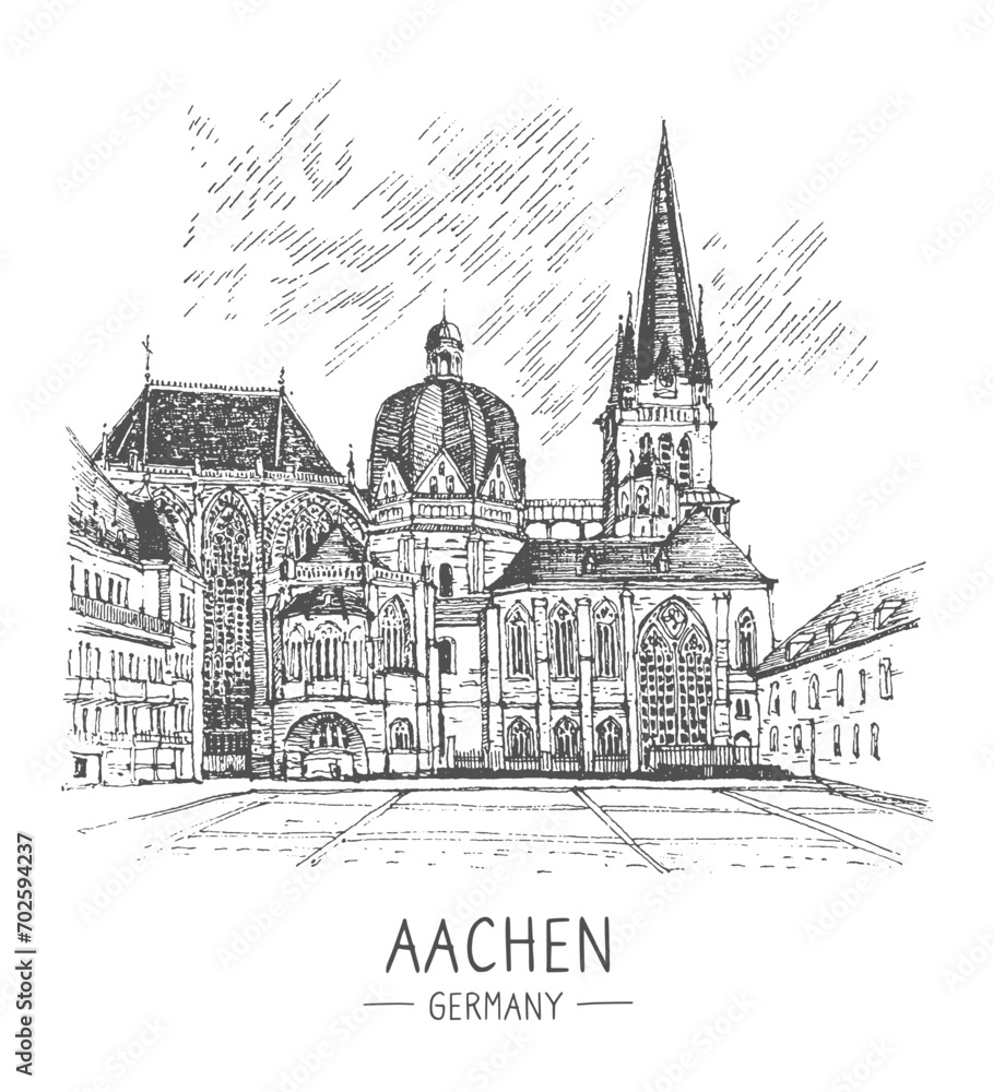 Vector sketch illustration of Aachen Cathedral, Germany. One of the oldest cathedrals in Europe, old town. Line art drawing, ink pen on paper. Hand drawn. Urban sketch, black color on white background