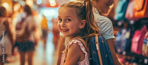Family shopping for school backpack with little girl. © 2rogan