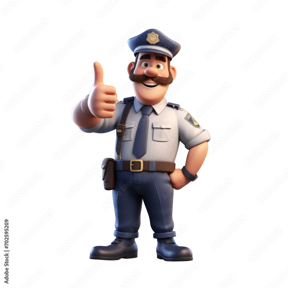 A 3D character of a smiling police officer in uniform giving a thumbs-up gesture, against a clear background. Illustration A 3D character of a smiling police officer in uniform giving a thumbs-up gesture, against a clear background. Illustration