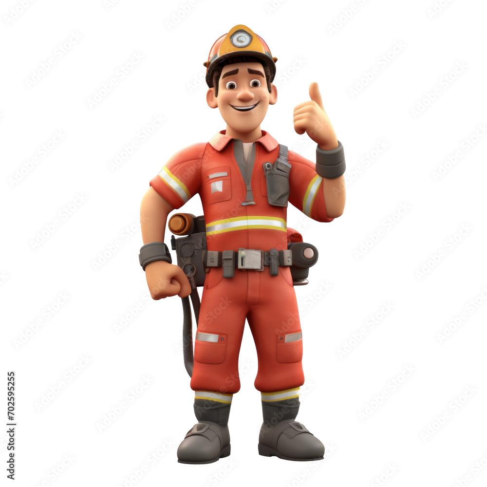 A 3D character of a smiling fireman in uniform and gear, giving a thumbs-up gesture, against a clear background. Illustration A 3D character of a smiling fireman in uniform and gear, giving a thumbs-up gesture, against a clear background. Illustration