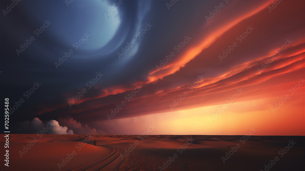 sunset over the desert with lenticular clouds and ray of light from the sun at sunset