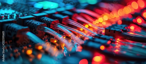 Fiber Optic cables connected to optic ports and Network cables connected to ethernet ports - Connecting fiber optic and network cables to respective ports photo