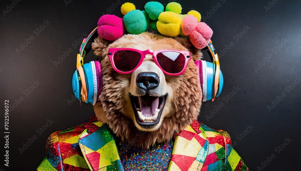 Colorful bear with headphones on black background in retro suit