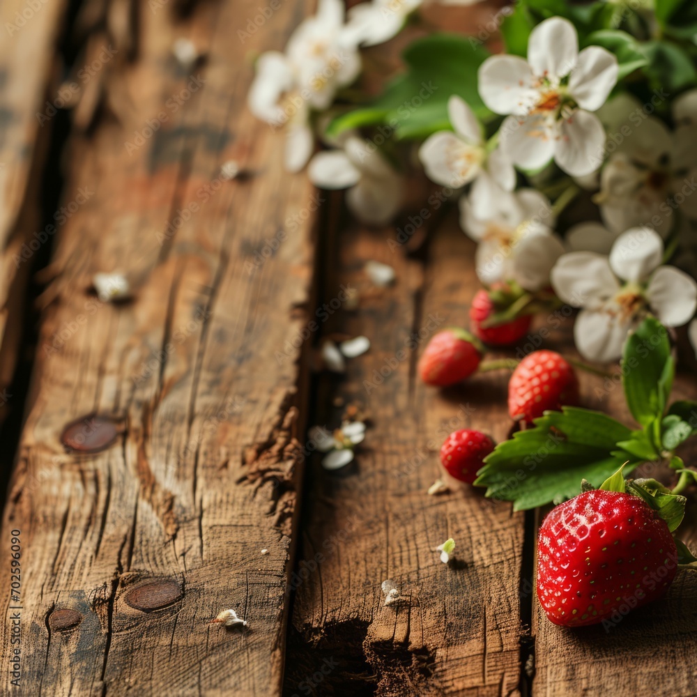 Rustic wooden background with a Beltane theme with small strawberry, AI generated Rustic wooden background with a Beltane theme with small strawberry, AI generated