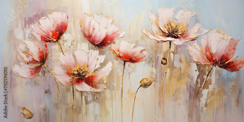 Fototapeta Naklejka Na Ścianę i Meble -  Abstract oil painting..Red tulips, flowers swirl with gold lines drawn using a palette knife. texture with oil brush on canvas