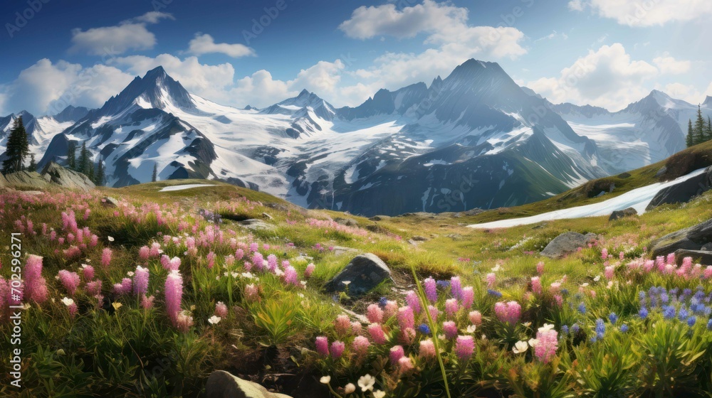 Exploring the Beauty of Alpine Meadow Wildflowers - obrazy, fototapety, plakaty 
